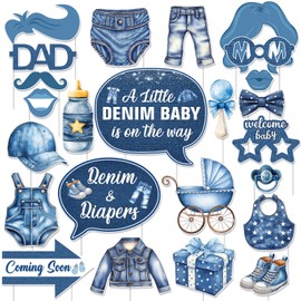 Jollyboom Denim Baby Shower Decorations, 24cps Blue Jean Photo Booth Props for Welcome a Little Denim Baby is On The Way Decorations Pregnancy Gift