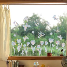 39 Pieces Butterfly Tulip Sun Catcher Window Clings for Glass Windows, Flowers Anti-Collision Stickers Decals Prevent Bird Strikes,Rainbow Prismatic Window Clings Non Adhesive