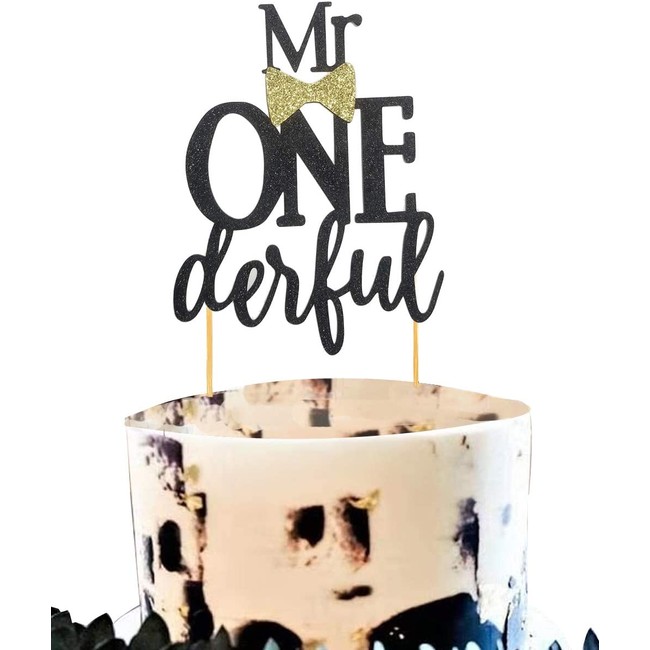 Mr Onederful Cake Topper For Birthday - Black Glitter Cake Topper Bow Tie First Birthday Boy Baby Shower Cake Smash Party, Photo Booth Props, Glitter Cake Decorating Supplies, Bling Baby Shower Decorations