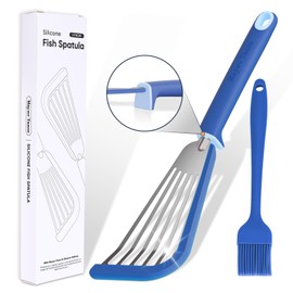 Maywe Tanso Fish Spatula,600℉ Heat Resistant Silicone Fish Spatula with Basting Brush,for Nonstick Cookware,Flexible Slotted Fishs Turner Spatulas,BPA Free,Dishwasher Safe(Blue)