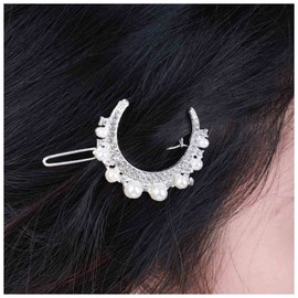 Yheakne Boho Crystal Moon Hair Clip Cz Moon Hair Pin Clip Silver Pearl Crescent Hair Barrette Pin Pearl Head Clip Headwear Decorative Headpieces Hair Accessories for Women and Girls (Silver)