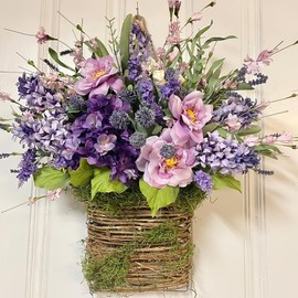 Purple Wildflower Basket Wreath - Lavender and Peony Floral Arrangement in Wicker Hanging Basket, Spring Summer Front Door and Porch Decor