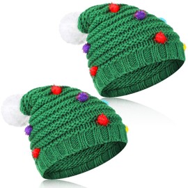 Jeyiour Christmas Tree Hats Winter Knitted Crochet Beanie Santa Hat Adult Warm Handmade Funny elf Xmas Tree Beanie Pompom (2 Pieces) Green