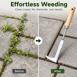 Handheld Crack Weeder Tool for Garden Work – Stainless Steel L-Shaped Blade with Wood Handle for Patio & Driveway Weeds