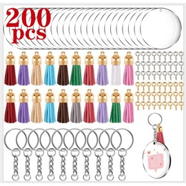 200x Keyring Clear Acrylic Circle Discs Keychain Blanks Tassel Pendants DIY Kit