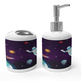 Ambesonne Universe Soap Dispenser & Toothbrush Holder Set, Astronaut in Space Globe Planets Solar System Rocket Exploration, Ceramic Bathroom Toiletry Accessories, 2 Pcs, Dark Purple Multicolor