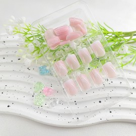 Short Square Press on Nails White Gradient Glue on Nails with Lines Design Cute Butterfly Nails Press ons Light Pink Full Cover False Nails Glossy Acrylic Nails Artificial Fake Nails for Girls 24Pcs