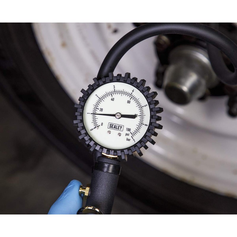 Sealey Compact Tyre Inflator with Pressure Guage and Clip-On Connector,