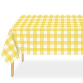 QIKSION Yellow Gingham Tablecloth Disposable 6 Pack, 54 x 108 Inch Yellow and White Checkered Table Cloth for Rectangle Tables, Plastic Table Cover