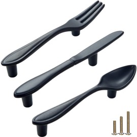 Sinyiol 3Pcs Funny Cutlery Tableware Cabinet Pulls,Creative Spoon Fork Knife Shape 3" Hole Center Vintage Kitchen Cupboard Pulls Handles,Cute and Fun (Mixed Pack, Black, 3Pcs)