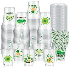 FoldTier 60 Set Plastic Cups St. Patrick's Day Themed 14 oz Disposable Clear Cups with Lids and Paper Straws for St. Patrick's Day Themed Party Favor Supplies Decorations