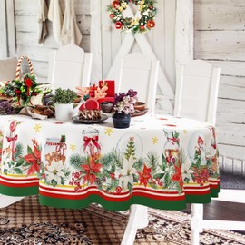 Oval Christmas Tablecloth 60 x 84In,Christmas Poinsettia Snowflake Holiday Decoration Tablecloth,Polyester Waterproof Wrinkle-Resistant Durable Christmas Tablecloth for Kitchen,Winter and Home Decor