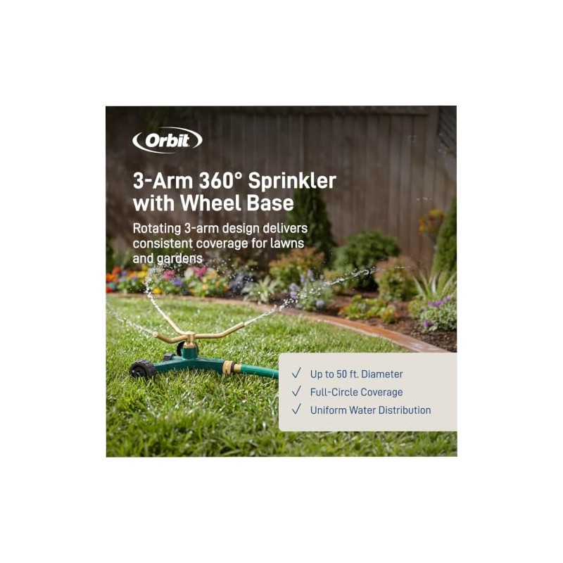 Orbit 3-Arm Metal Sprinkler with Wheel Base for Lawns