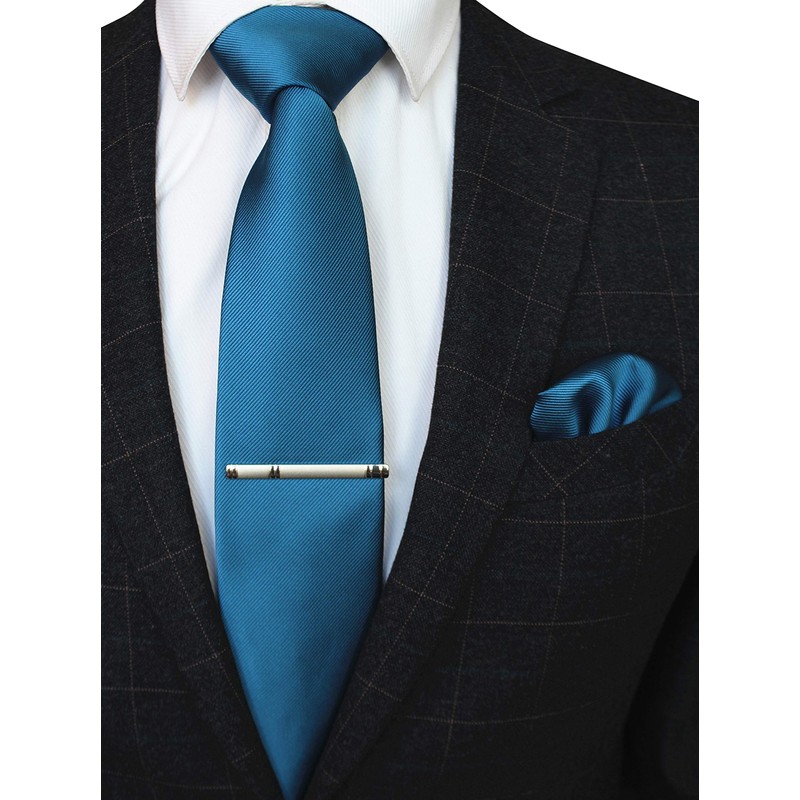 RBOCOTT Peacock Blue Silk Tie and Pocket Square, Necktie Tie