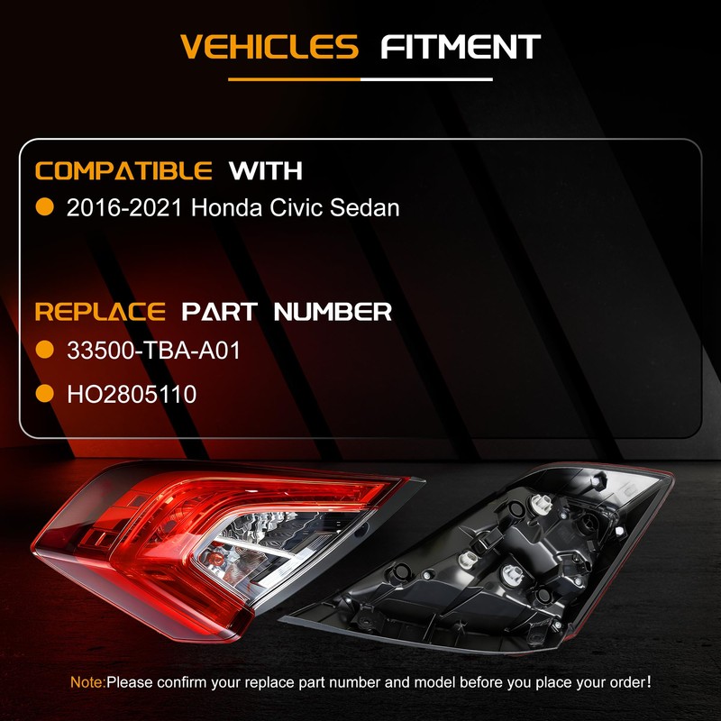 Tail Light Assembly Compatible With 16-21 Honda Civic Sedan