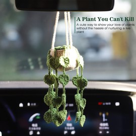 Cute Crochet Plant for Car Rear View Mirror,Boho Handmade Car Mirror Hanging Accessories for Women Girls,Green Car Interior Aesthetic Decor Truck Hanger Ornament Charm for Men