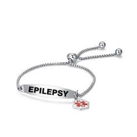 LSxAB Red Medical Alert Epilepsy Bracelet for Women Men Emergency Medical ID Engraved Adjustable Stainless Steel Chain Wristband Bracelets