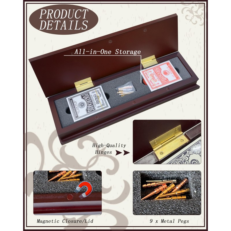 Wooden Cribbage Board Game Set with Cards & Metal Pegs