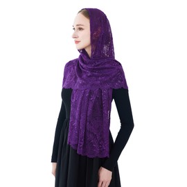 Wgior Elegant Floral Catholic Church Veil, Soft Mantilla Chapel Prayer Scarf Wrap Shawl Headscarf (Purple)