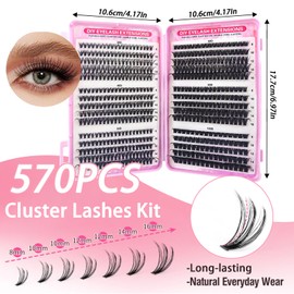 570pcs Cluster Lashes Kit - Individual Eyelashes/False Eyelash Clusters 8-16MM DIY Durable Lash Extensions, Soft & Fluffy Thick Volume Lash Clusters (30D+40D+50D+60D+80D+100D)