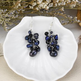 Sophisticated Elegance Cultured Freshwater Black Pearl Crystal Cluster Sterling Silver Dangle Earrings