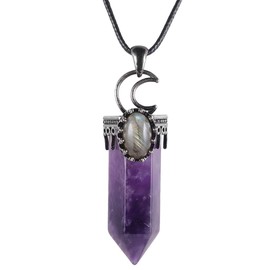 Nupuyai Vintage Moon Amethyst Crystal Point Pendant Necklace for Women, Hexagonal Protection Energy Pendant with Chain