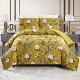 Dee Ocleppo Bird Chinoiserie 3-Piece Reversible Comforter Set, Luxury Botanical Cotton Sateen Bedding Set - Full Queen Size, Gold