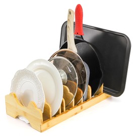 Frcctre Bamboo Pot Lid Organizer, Pot Lid Holder Organizer Kitchen Countertop Carbinet Storage Rack with 7 Adjustable Dividers for Pot Lids, Pans, Cutting Boards, Baking Sheets, Dinner Plates