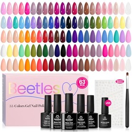 Beetles - Juego de esmaltes de uñas de gel, 63 piezas de 55 colores con capa base, capa superior mate brillante, calcomanías y cepillo para arte de uñ