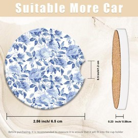 Elegant Blue Rose Car Coasters for Cup Holders, 2 Pack Car Cup Holder Coasters for Women Men, 2.56 inch Anti Slip Insert Absorbent Ceramic Car Cup Coasters with Cork Base and Finger Notch