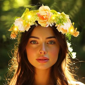 Atigy Light UP Flower Wreath Headband LED Garland Crown Festival Hair Accessories for Women (Champagne, One Size)