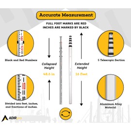 AdirPro 16-Foot Aluminum Grade Rod – 8ths, Dual Sided 5-Section Telescopic Leveling Rod – Bubble Level and Soft Carrying Case Included