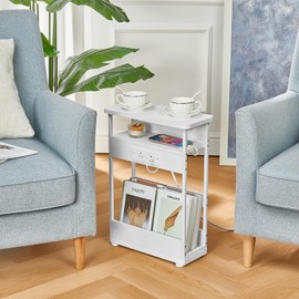 YEAKOO Narrow Side Table with Charging Station, 3-Tier End Table with 2 USB Ports & Power Outlets,Thin Sofa Side Table for Narrow and Small Spaces, Bedside Table Nightstand for Living Room,White