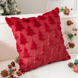 UGASA Pillow Covers 16x16 Inch Set of 2 Soft Plush Faux Fur Christmas Tree Decorative Luxury Jacquard Throw Pillows Pillowcases for Couch Sofa Holiday Festivals Home Decor, Burgundy