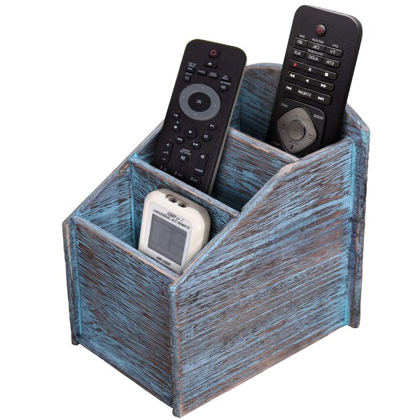 Comfify Remote Control Caddy with 3 Slots - Shabby Chic / Country Style - Storage Box for Remote Controls etc. - Blue
