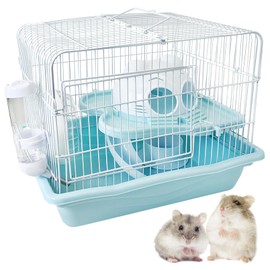 PINVNBY Dwarf Hamster Cage, Small Animal Cages, 2-Tier Travel Portable Mouse Cage Hamster Carrier with Castle House Running Exercise Wheels, Water Bottle and Food Dis（Blue）