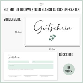 Things of Happiness Blank Vouchers to Fill in (Pack of 50) | Gift Voucher for Nail Salon, Hairdresser, Massage, Cosmetics, etc. (Eucalyptus)