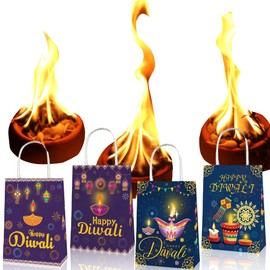 KYMY Diwali Party Treat Bags with Stickers, 12pcs Diwali Gift Candy Bags, India Festival of Lights Gift Goody Bags, India Party Favor Diwali Party Indian Celebration Supplies Decoration
