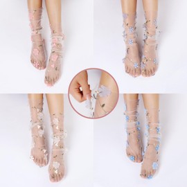 woosnscly Women Sheer Lace Socks Floral Decorated Slouch Mesh Socks See Through Transparent Tulle Socks for Girls 4 Pairs