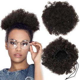 WILLBOND 2 Pieces Afro Puff Drawstring Ponytail for Women Synthetic Short Curly Hair Afro Bun Extension Chignon Hairpieces Wig Updo Hair Extensions(Natural Brown)