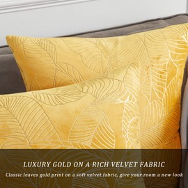 GIGIZAZA Decorative Throw Pillow Covers 24x24, Velvet Gold Yellow Leaves Couch Pillow Covers,Fall Cushion Covers for Sofa, Pack of 2