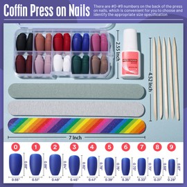 Press On Nails Medium Length, HNYYZL Coffin Matte Fake Nails Full Cover, 10 Solid Colors Short Ballerina Press On Nails, 10 Packs Acyclic False Nails Tips Set with Nail Glue, Nail File for Nail Art