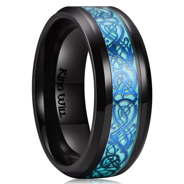 King Will Aurora Anillo de matrimonio, de titanio negro brillante, con dragón celta azul Aurora Luminou, unisex, 8 mm
