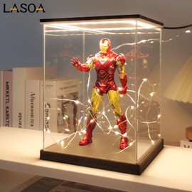 LASOA Acrylic Display Case with Warm Color Changing LED Light, Clear Display Box for Action Figures and Collectibles, Self-Assembly Dustproof Showcase with Black Base, 7.9x7.9x13.8inch