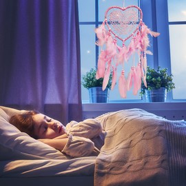 EQLEF Pink Dream Catcher for Women, Wall Hanging Feather Dream Catcher Handmade Fairy Dreamcatcher Ornament for Bedroom Wedding Decoration (Pink)