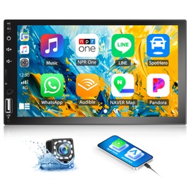 Double Din Car Stereo with CarPlay&Android Auto,7 Inch HD 1024 * 600 Touchscreen Car Radio with Bluetooth,Backup Camera,Voice Control,USB/AUX/TF/SWC,FM Radio