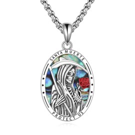 YONFQE Santa Muerte Necklace 925 Sterling Silver St Muerte Pendant Necklace with Santa Muerte Rosary Medals Jewellery Gifts for Men and Women