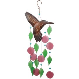 Sunset Vista Designs Windchime - Rustic Boho Metal & Sea Glass Wind Chime, 22" Long, Hummingbird