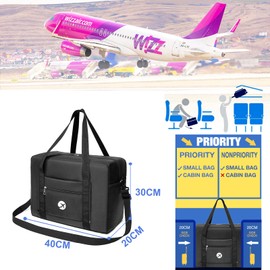 PALAMEA Wizzair Hand Luggage, 40 x 30 x 20, 25 L, Foldable Travel Bag, Hand Luggage Bag for Airplane, Hand Luggage, Suitcase for Eurowings, a-black-40*30*20cm, Minimal