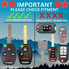 Cutting NOT Required for Honda Key Fob Cover Shell Made in USA fits Honda Accord Civic CRV Pilot and More - Better Than OEM Key Case - Custom Fit Durable Design Check Fitment (Black, 3 Button)